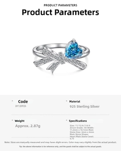 Detailed specs of S925 silver ring featuring blue heart zircon and bowknot design