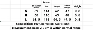 Detaillierte Größentabelle für Strickpullover für Damen mit Oberweite und Länge