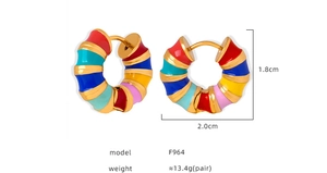 Detail view of colorful enamel hoop earrings with gold trim and size measurements