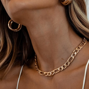 Heavy chunky gold-plated stainless steel Figaro chain necklace and matching hoop earrings
