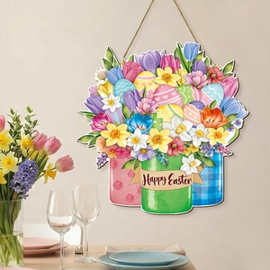 Farmhouse Happy Easter wooden door sign featuring spring flowers and colorful eggs