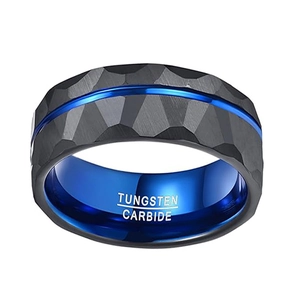 Matte black tungsten carbide ring with a blue plated interior and hammered texture finish