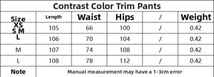 Detailed size chart showing length, waist and hip measurements for denim pants in centimeters