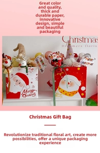 Detail of Christmas gift bags featuring Santa Claus and snowman patterns with plush reindeer