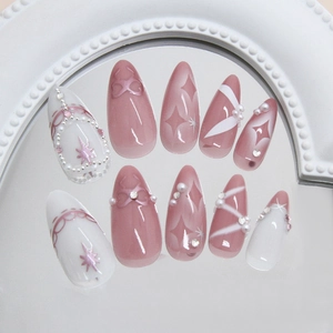 Pink French press-on nails with bow, pearls, and starry rhinestones, 24pcs almond set