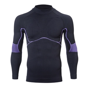 Mens compression sportswear set with ergonomic purple lines and moisture-wicking fabric