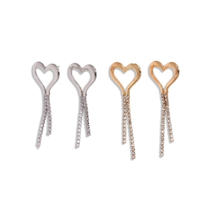 Elegant silver and gold hollow heart tassel earrings with sparkling zircon crystal fringe