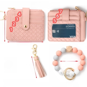 Pink silicone bead bracelet keychain with multilayer card holder and dimensions