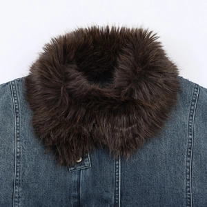 Vintage blue denim cropped jacket with soft dark brown faux fur collar detail