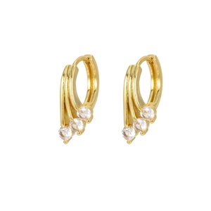 Elegant gold hoop earrings featuring three rows of sparkling round white zircon stones