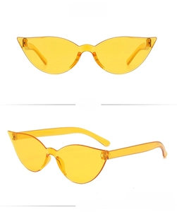 Macro view of modern yellow cat-eye sunglasses with transparent lenses from front and side