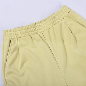 Detailed close-up of elastic waistband and drawstring pleats on casual autumn trousers
