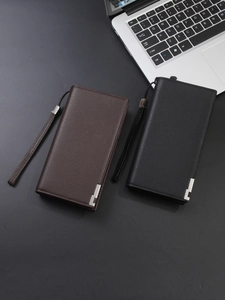 Men's Long Wallet PU Leather Litchi Pattern Zipper Business Clutch Purse With Wrist Strap Multi Card Slots