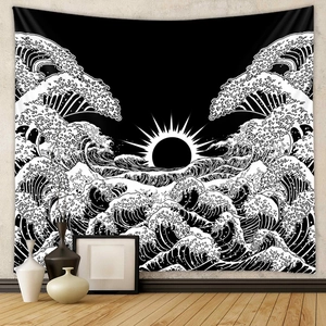 Arazzo giapponese con Grande Onda e sole nero in stile moderno bianco e nero elegante