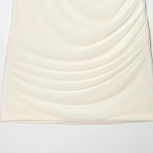 Elegant white mesh patchwork dress featuring stylish ruched details on the side panel