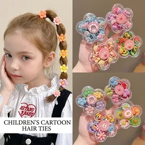 Colorful floral hair tie set for kids with transparent flower-shaped storage cases