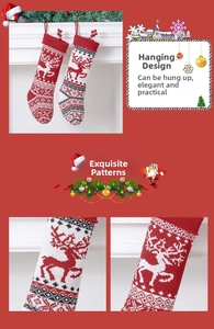 Detail of knitted Christmas stockings featuring reindeer and snowflake patterns with hangers