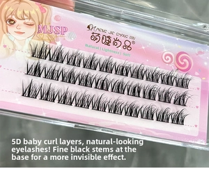Detail of 5D baby curl mink eyelashes with three rows of natural manga lash clusters