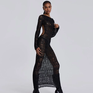 Detail view of the open-back crochet knit dress with sexy hollow-out texture and rear slit