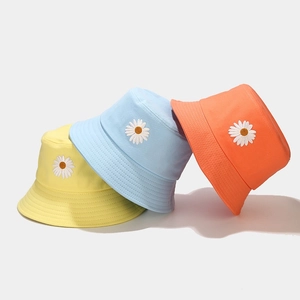 Daisy Embroidery Cotton Canvas Bucket Hat Wide Brim Sun Protection Outdoor Casual Style For Women Students