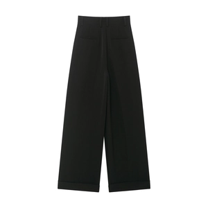 High waisted black wide leg trousers with asymmetrical double button waist detail