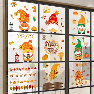 Autumn gnomes and pumpkin static window stickers for Thanksgiving glass decorations