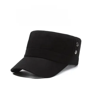 Detail of black cotton flat top military cap with side metal ventilation eyelets