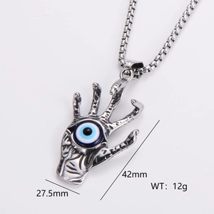 Detailed view of silver Hamsa hand pendant with blue evil eye and dimensions 27.5x42mm