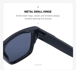 Detail of durable metal hinge and sleek black square frame on retro sunglasses