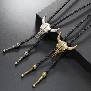 Retro Bull Head Skull Bolo Tie Necklace Alloy Metal Pendant PU Braided Leather Rope Western Cowboy Punk Jewelry