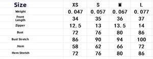 Detailed size chart with measurements and weight for lace camisole top for women