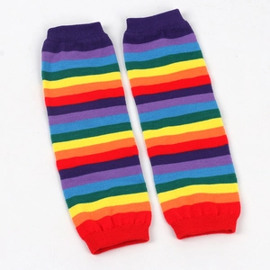 Colorful rainbow striped knit arm warmers with vibrant multi-color horizontal patterns