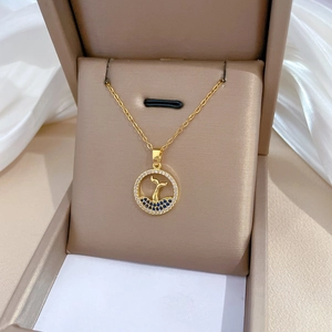 Luxurious gold stainless steel necklace with a blue and white zircon fishtail pendant