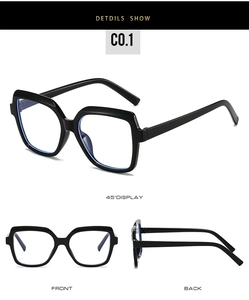 Detailed multi-angle views of black square frame glasses showing blue light blocking design