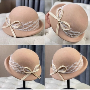 Detailed views of wool felt dome hat with lace ribbon and mesh bow decoration