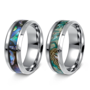 Stainless Steel Ring With Inlaid Abalone Shell High Polished Beveled Edge Fashion Band Jewelry For Men Women
