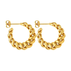 Polished gold brass C-shaped earrings with textured rope twist design on white background