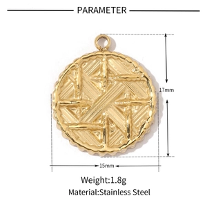 Macro detail of golden stainless steel round pendant with 17x15mm radial grid texture