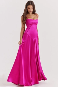 Detailed front view of rose red satin backless maxi dress with thin straps and a flowy hem