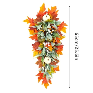Detailed view of 25.6 inch autumn swag with maple leaves and pumpkins for home decor