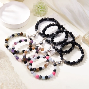Natural stone couple bracelets with magnetic heart charm and beaded design for lovers