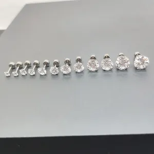 Polished 316L stainless steel stud earrings set with clear zircon in various sizes