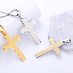 Religious Jesus cross pendant necklaces in gold and silver stainless steel with engraved scriptures