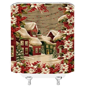 Close-up of 3D Christmas winter village print shower curtain with silver metal hooks