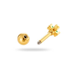 Golden hand gesture cartilage piercing stud with green zircon inlay on white background
