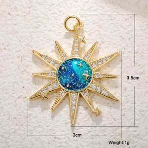 Detailed close-up of a sun-shaped opal pendant with blue-green enamel and gold rays