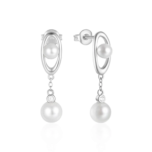 Macro detail of S925 silver pearl drop earrings with hollow metal rings and zircons