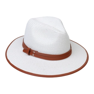 Detail of white straw sun hat featuring a brown leather decorative belt and brim trim