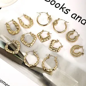 Hoop Earrings For Women Stainless Steel Gold Plated Geometric Twist Knot Bamboo Texture Croissant Style Retro Luxury