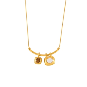 French vintage tiger eye stone square pendant necklace in gold-plated finish